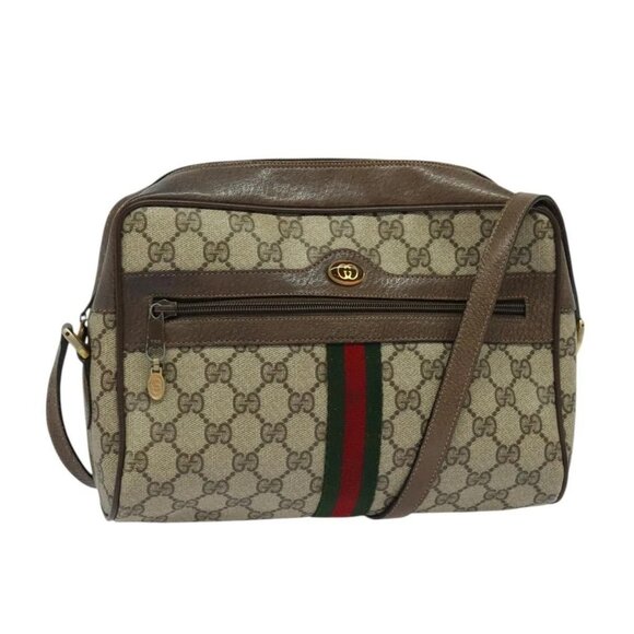 GUCCI GG Supreme Web Sherry Line Bag PVC Beige Gold 14 02 005 Auth 126293 - Picture 1 of 16